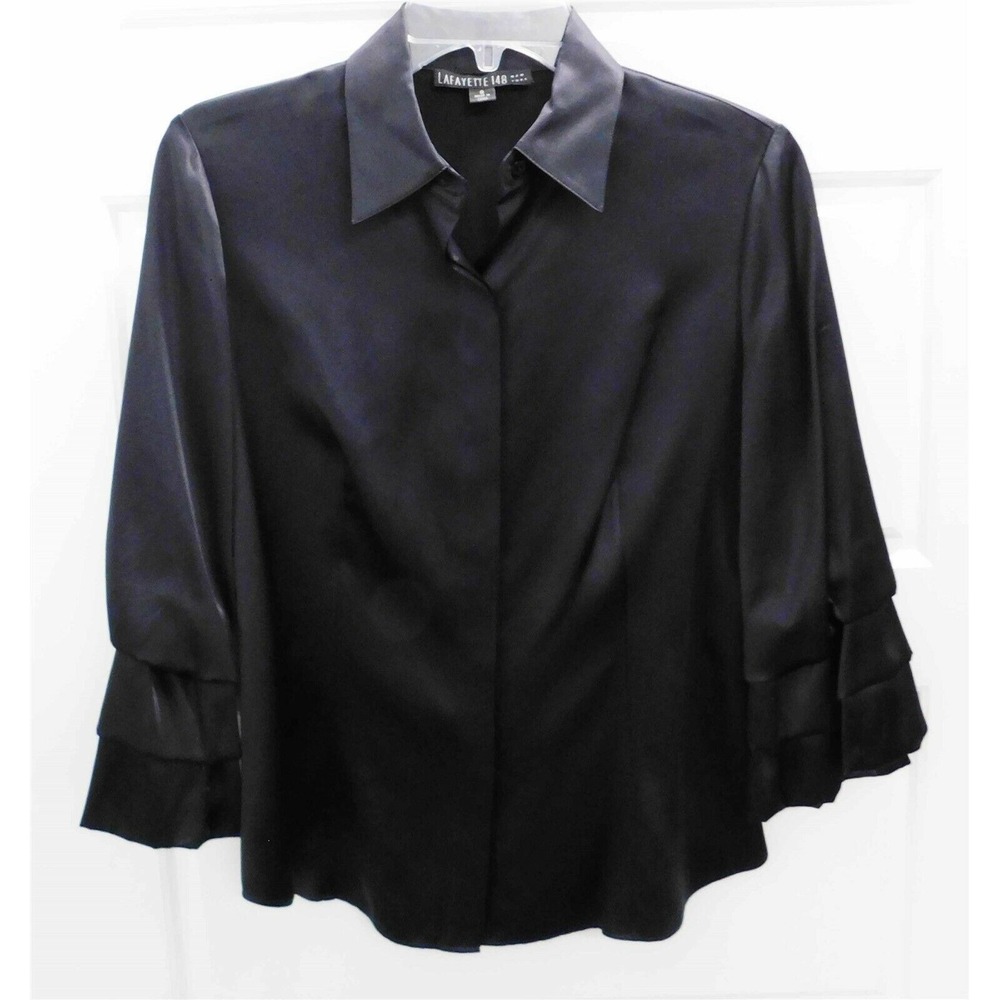 New LaFayette 148 New York Black‎ 100% Silk Ruffle Sleeve Blouse Top sz 0